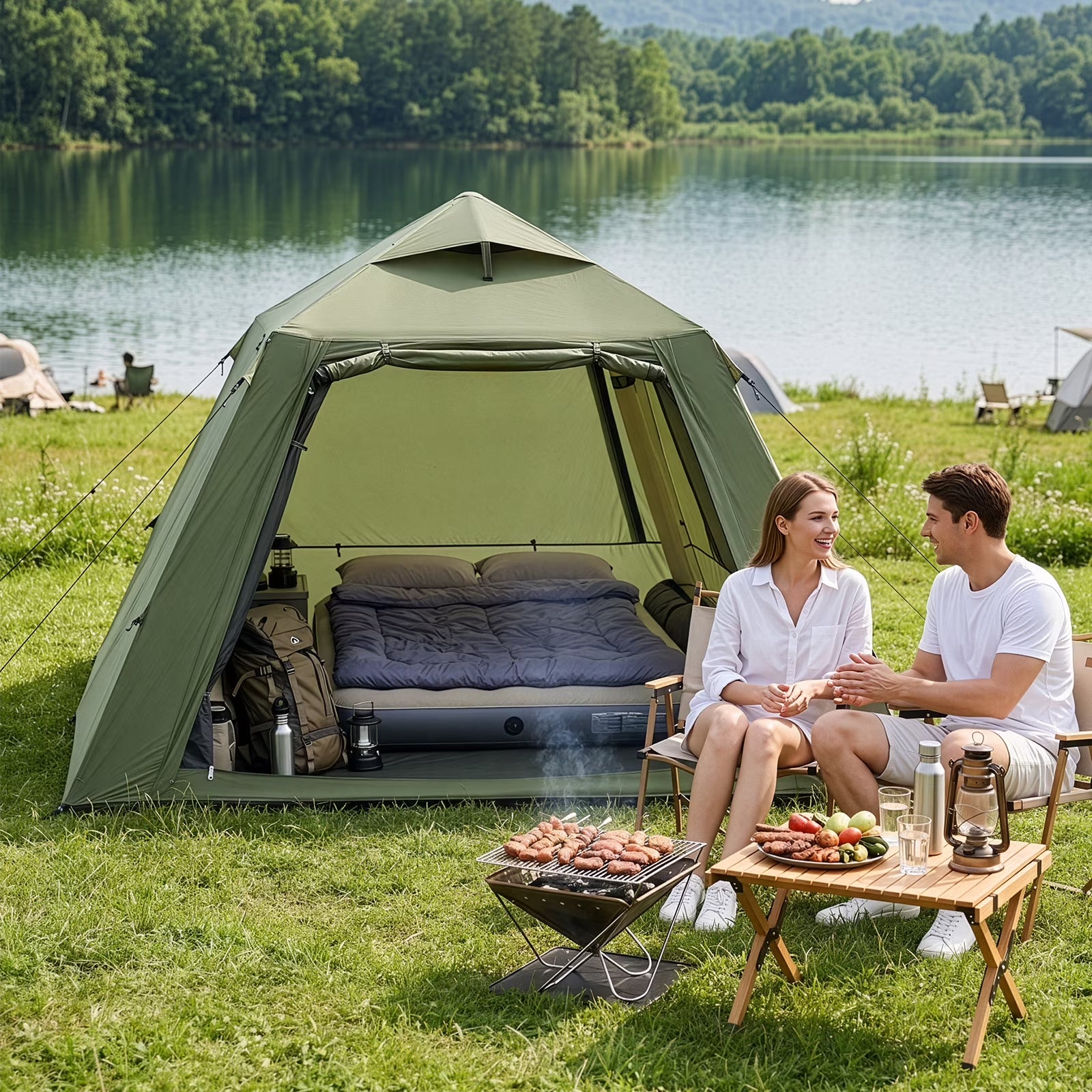 2-4 People Inflatable Tent with Hand Pump for Camping, Easy Setup Air Glamping Tents with Extra Canopy, Camping Tent for Family, Green
